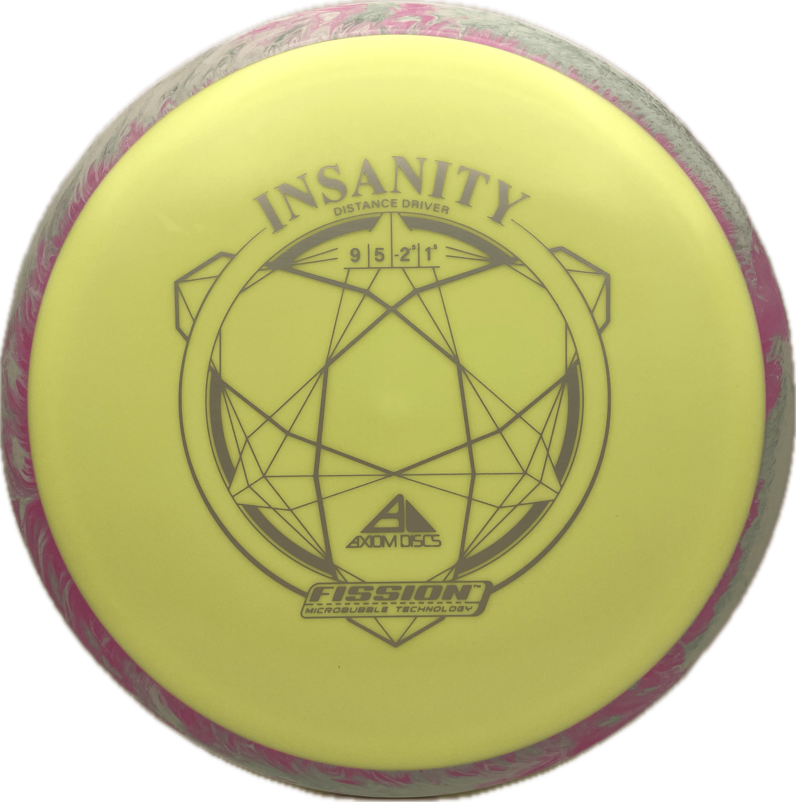 Overthrow Disc Golf Disc Axiom Insanity, Fission, 167, Faded Yellow, Pink/Blue Swirl Rim