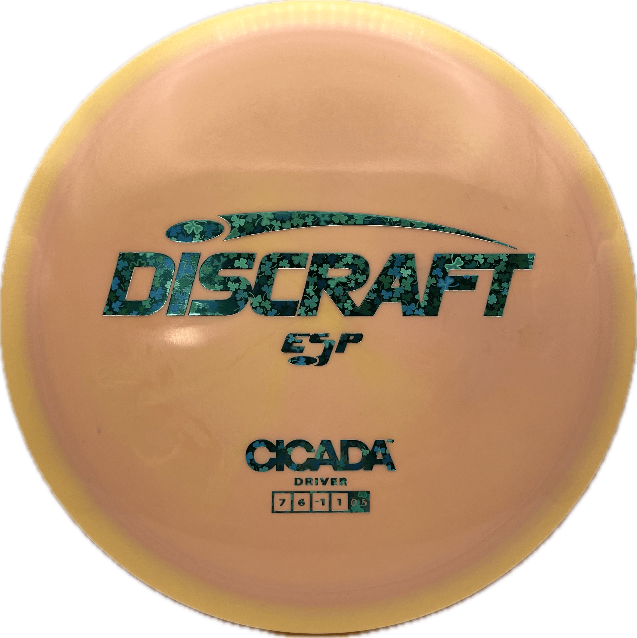 Overthrow Disc Golf Disc Discraft Cicada, ESP, 170-172, Peach-to-Yellow Fade, Clovers