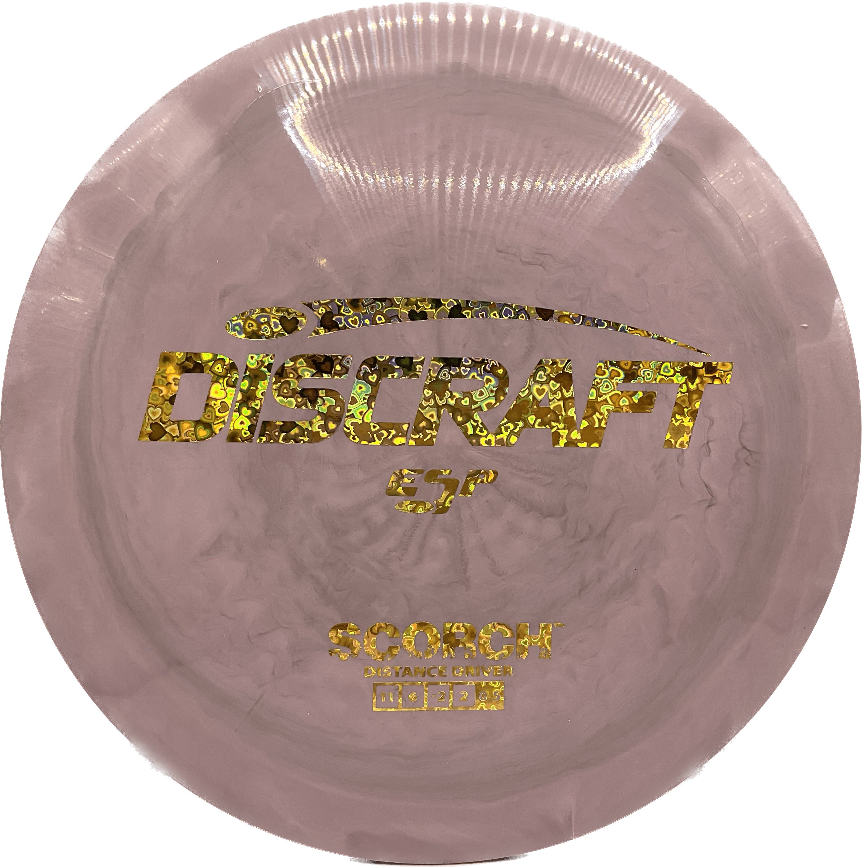 Overthrow Disc Golf Disc Discraft Scorch, ESP, 173-174, Greyish-Purple, Gold Hearts