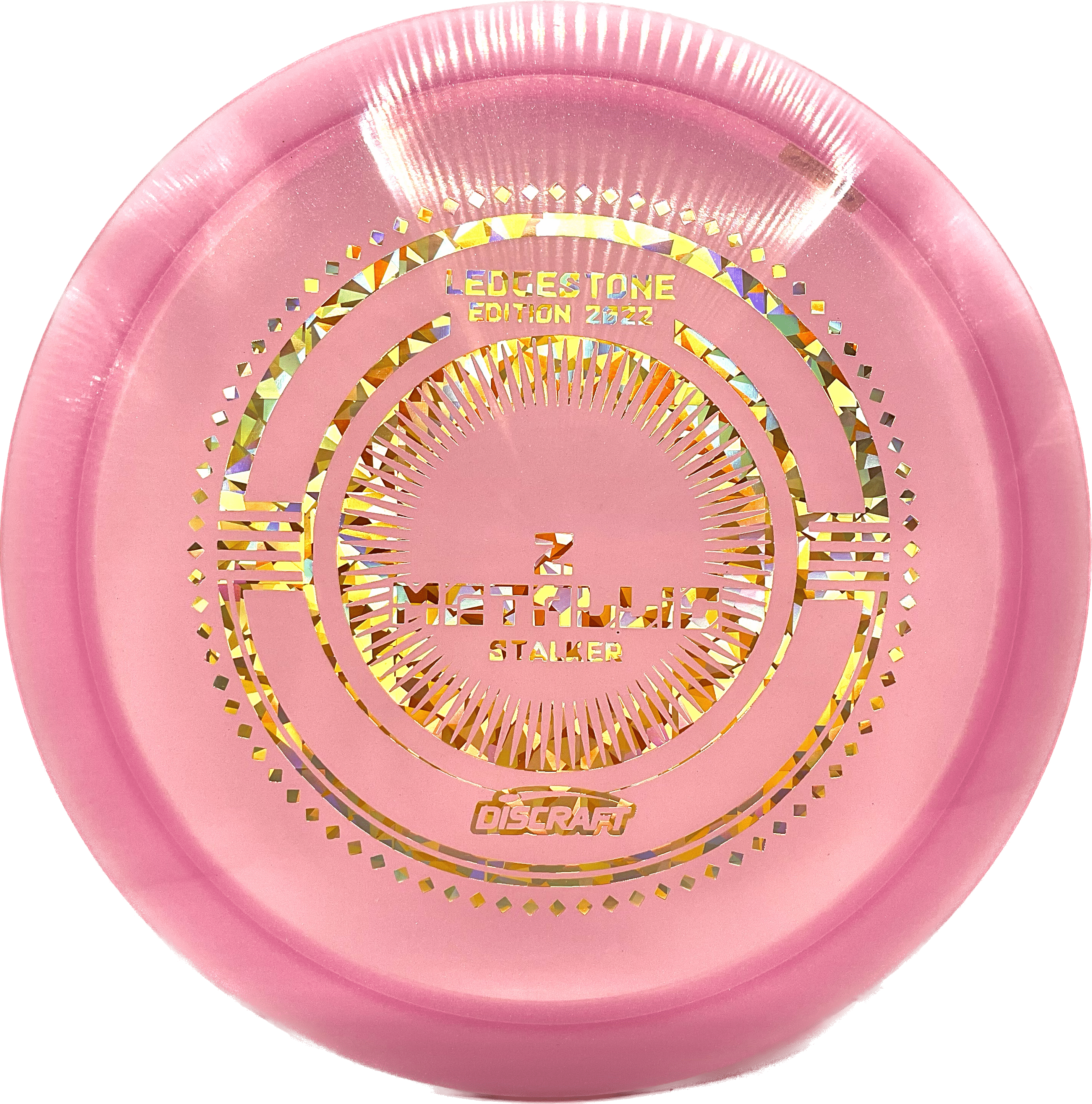 Overthrow Disc Golf Disc Discraft Stalker, Z Metallic, 175-176, Bubblegum Pink, Gold Shatter