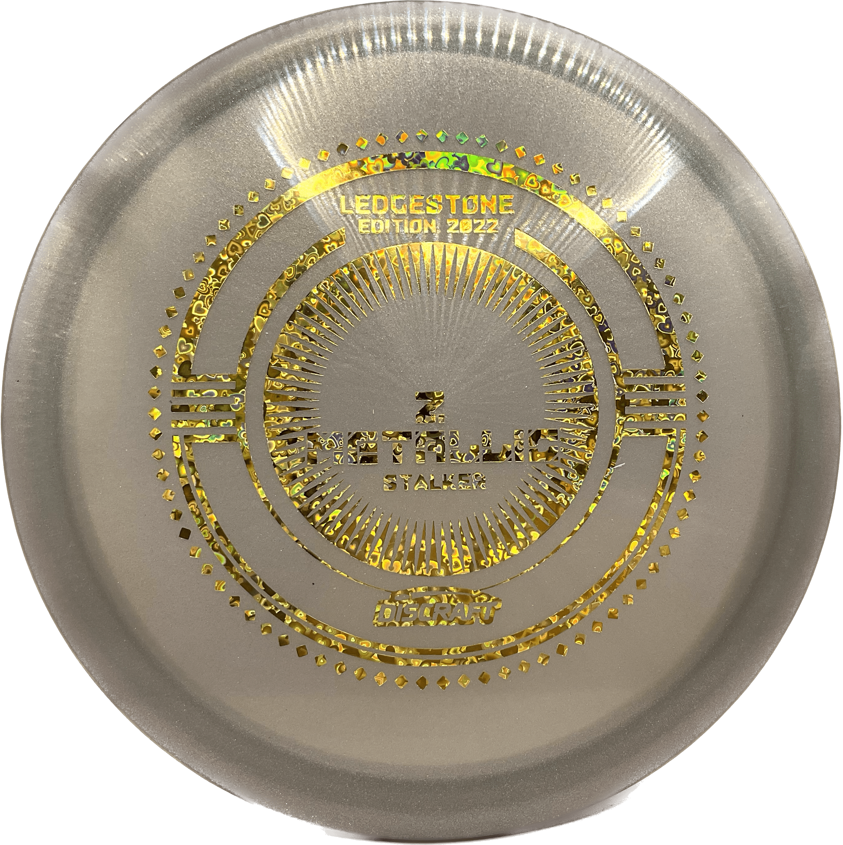 Overthrow Disc Golf Disc Discraft Stalker, Z Metallic, 175-176, Grey, Gold Hearts