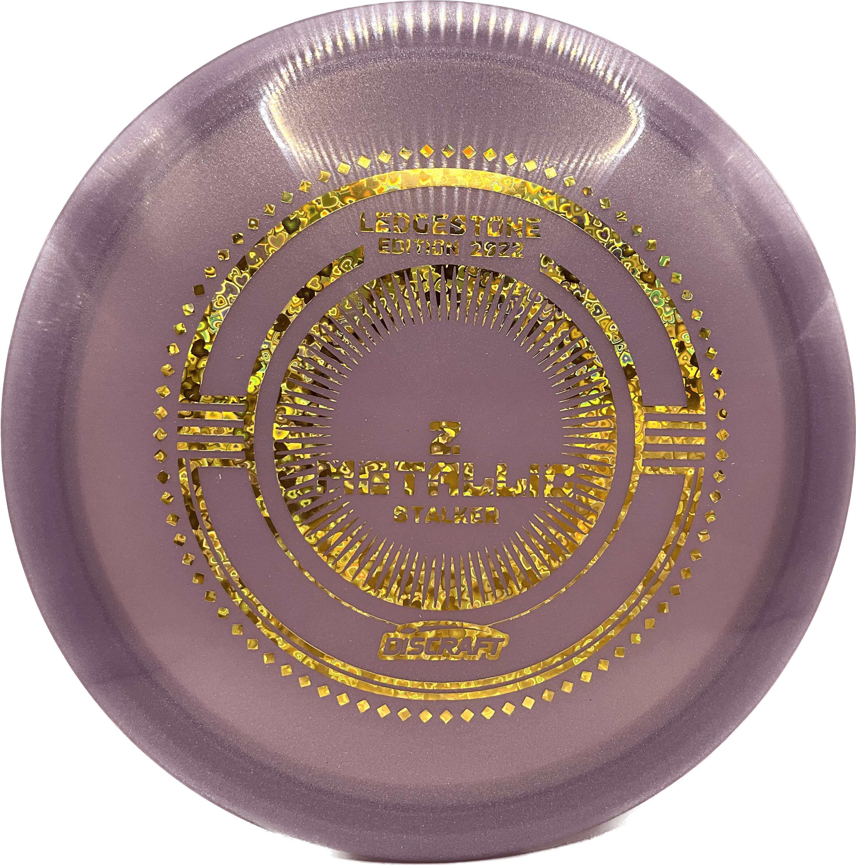 Overthrow Disc Golf Disc Discraft Stalker, Z Metallic, 175-176, Purple, Gold Hearts