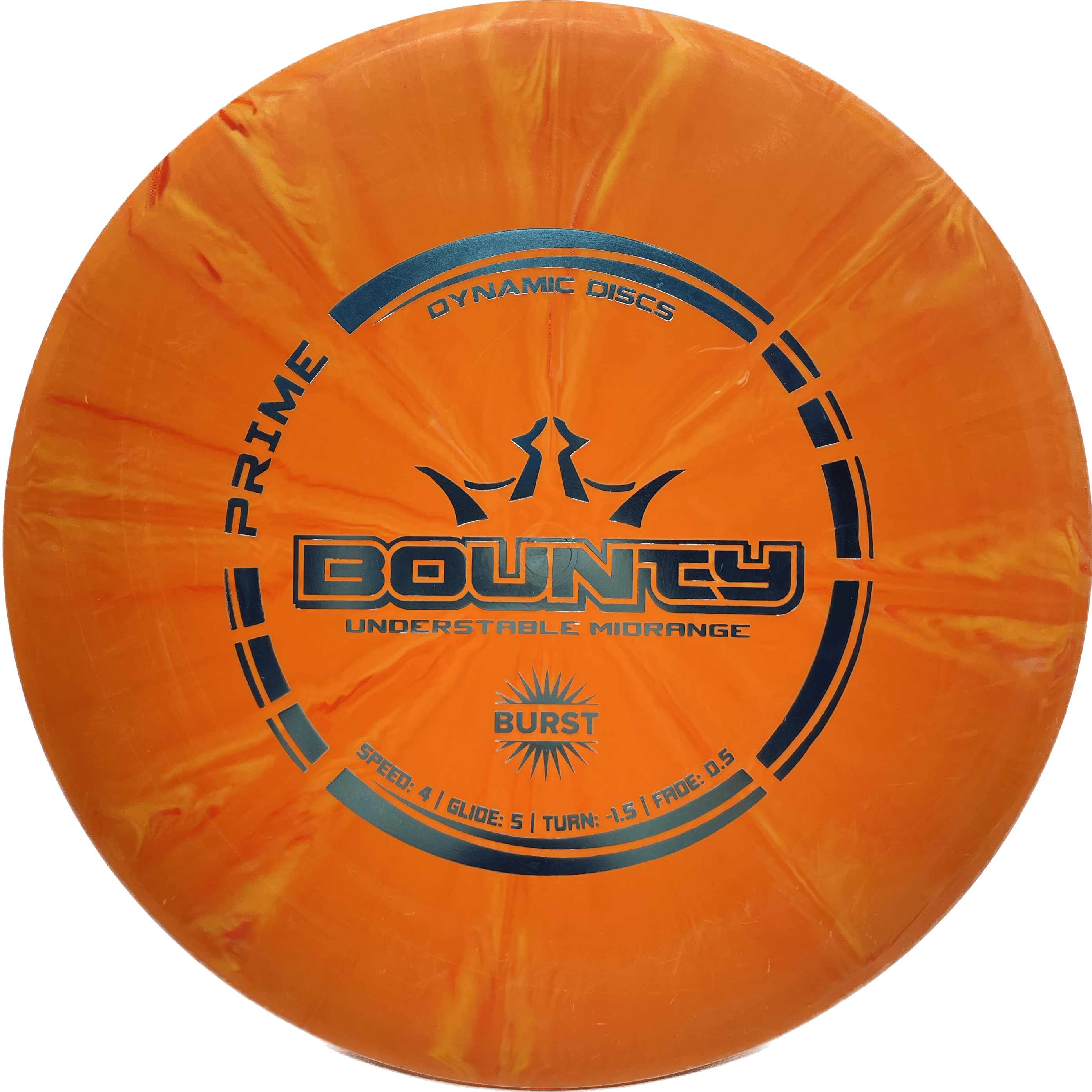 Overthrow Disc Golf Disc Dynamic Discs Bounty, Prime Burst, 177, Orange/Yellow Swirl, Blue Metallic