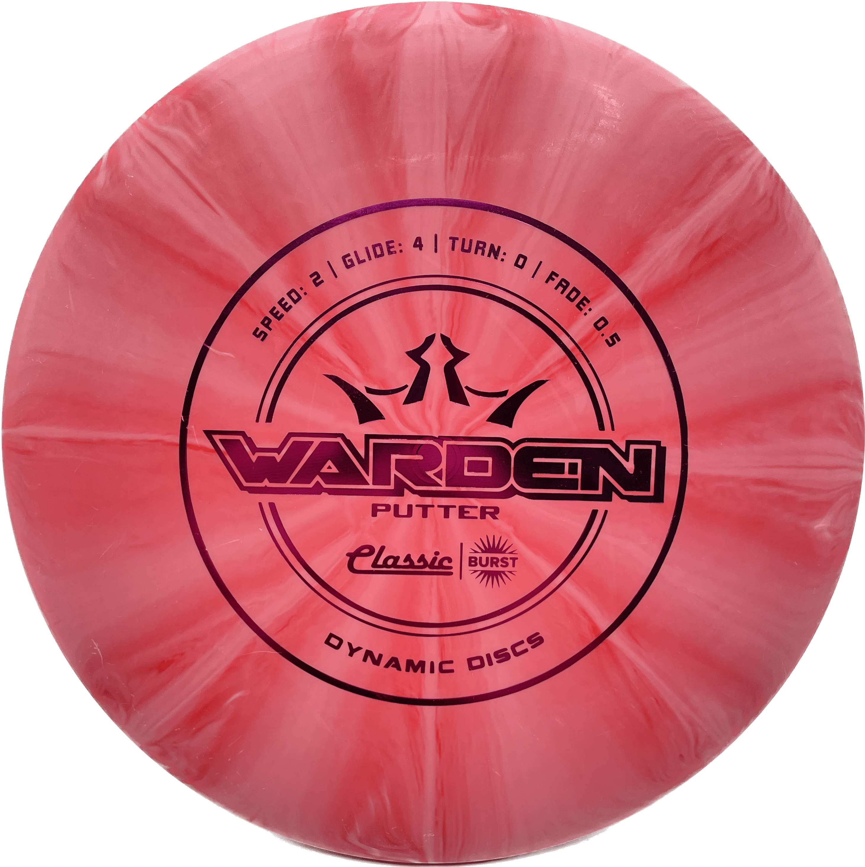 Overthrow Disc Golf Disc Dynamic Discs Warden, Classic Burst, 173, Red/White Swirl, Purple Metallic
