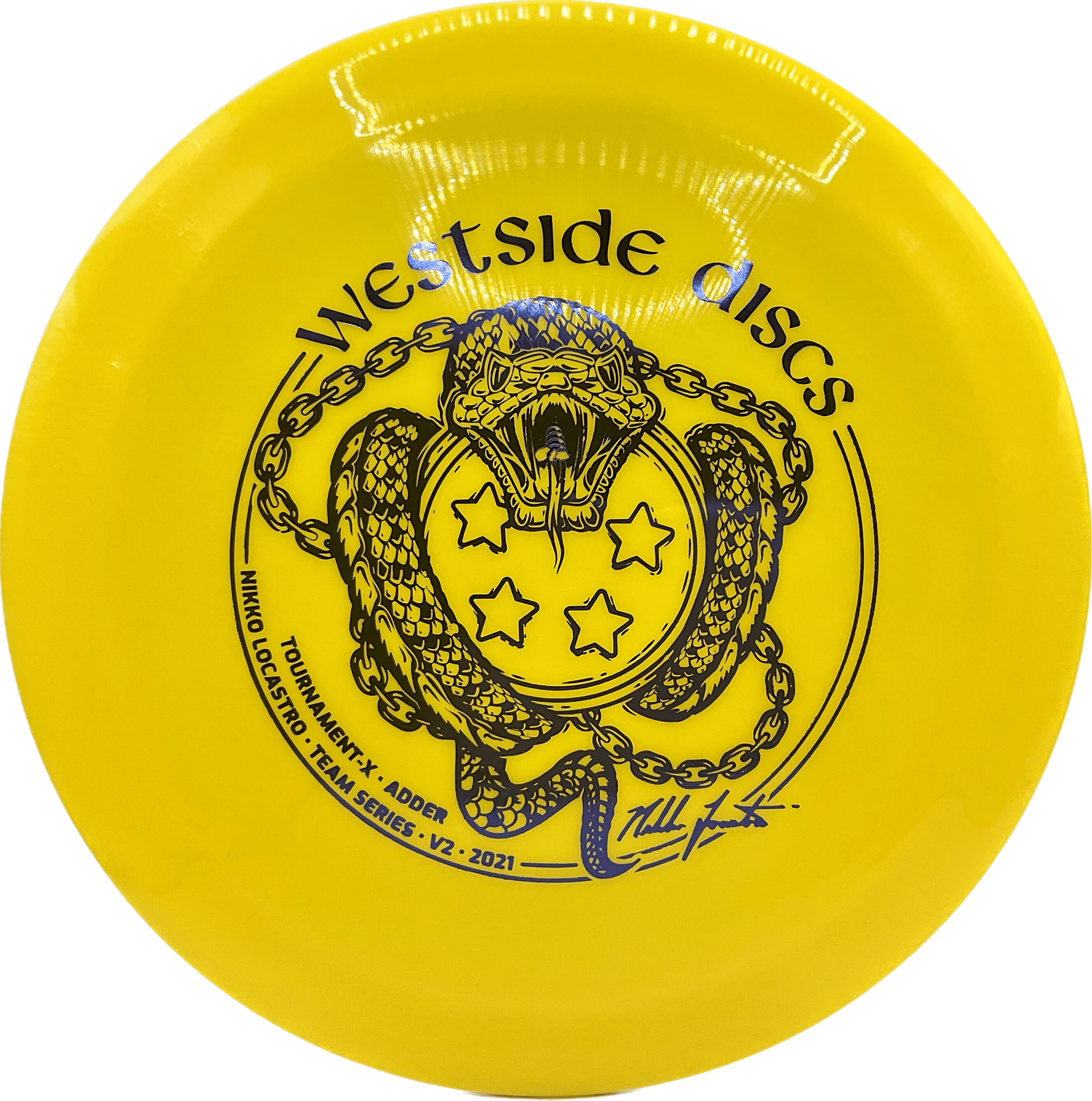 Overthrow Disc Golf Disc Westside Adder, Tournament-X, 170-175, Dark Yellow, Blue Metallic