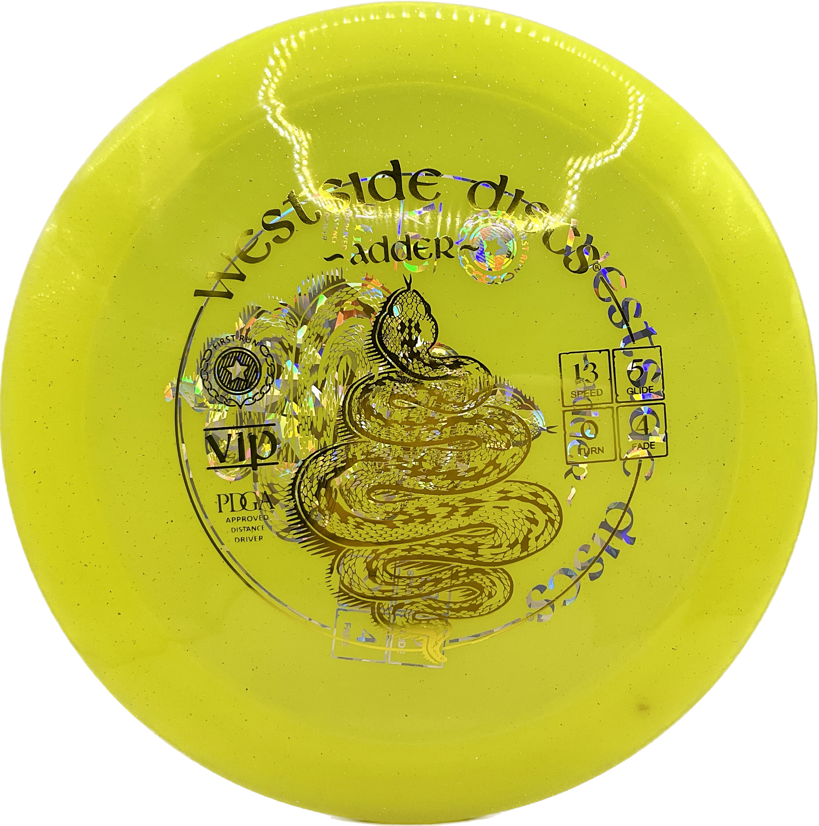 Overthrow Disc Golf Disc Westside Adder, VIP, 170-175, Yellow, Double Stamp Gold Metallic/Silver Shatter