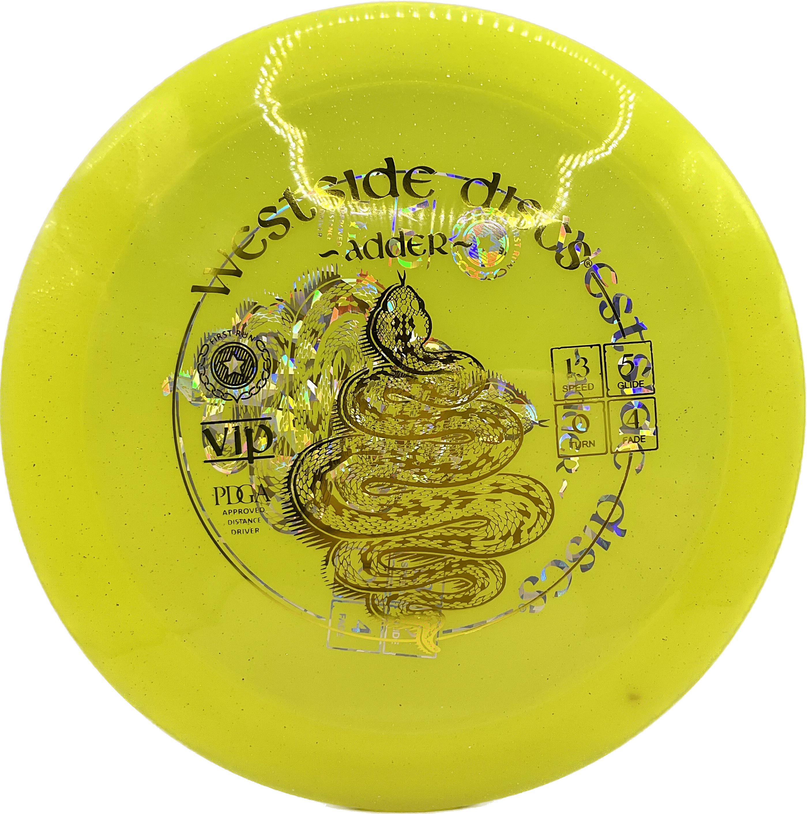 Overthrow Disc Golf Disc VIP - 175 - Yellow - Double Stamp Gold Metallic/Silver Shatter Westside Adder