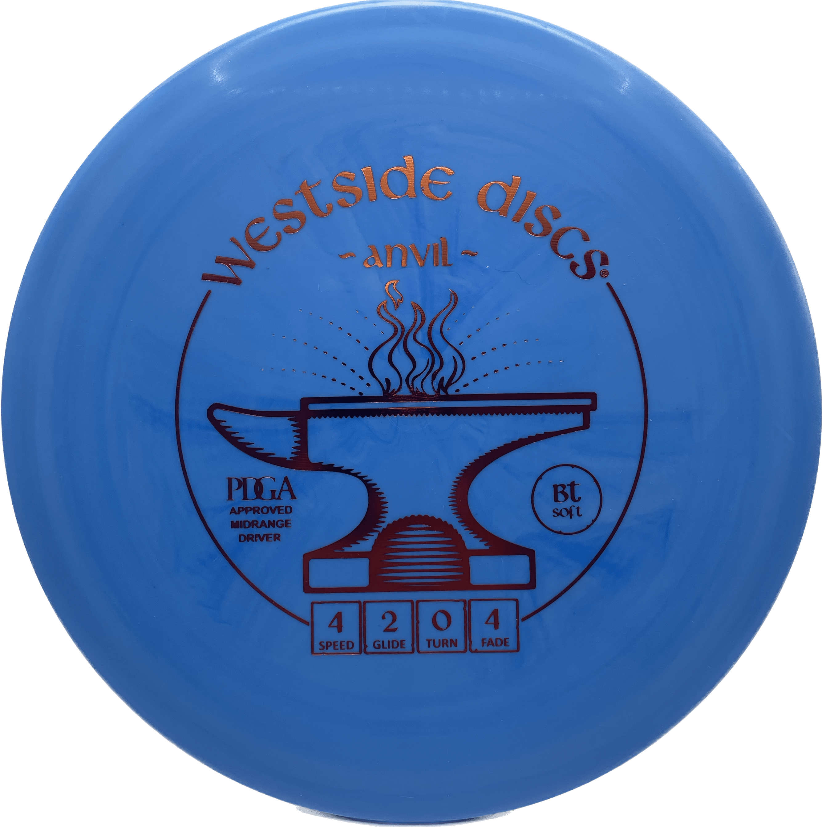 Overthrow Disc Golf Disc Westside Anvil, BT Soft, 171-176, Blue, Copper Metallic