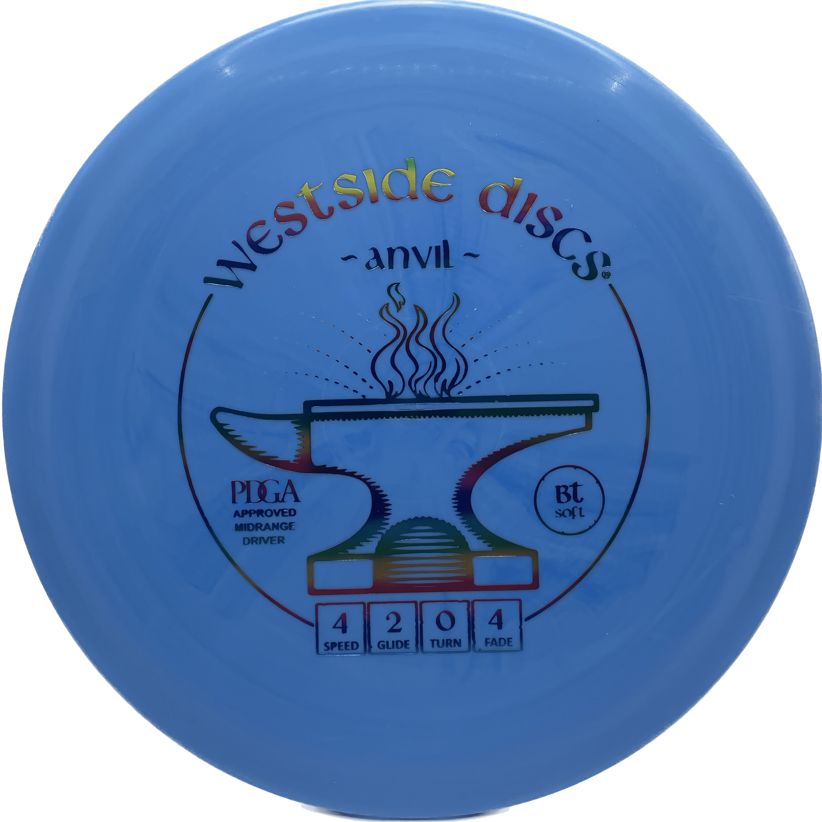 Overthrow Disc Golf Disc Westside Anvil, BT Soft, 171-176, Blue, Rainbow Metallic
