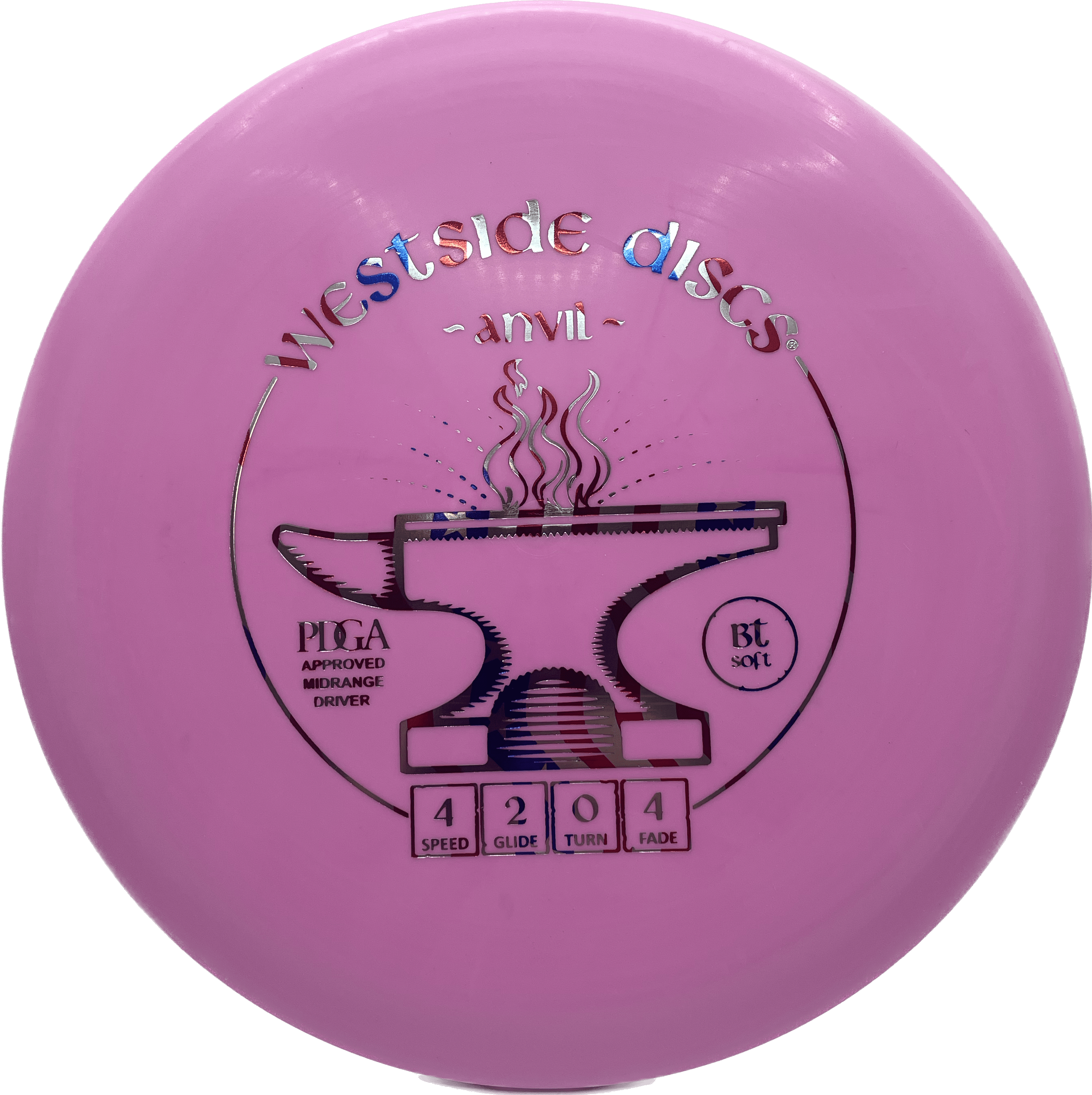 Overthrow Disc Golf Disc Westside Anvil, BT Soft, 171-176, Pink, American Flag