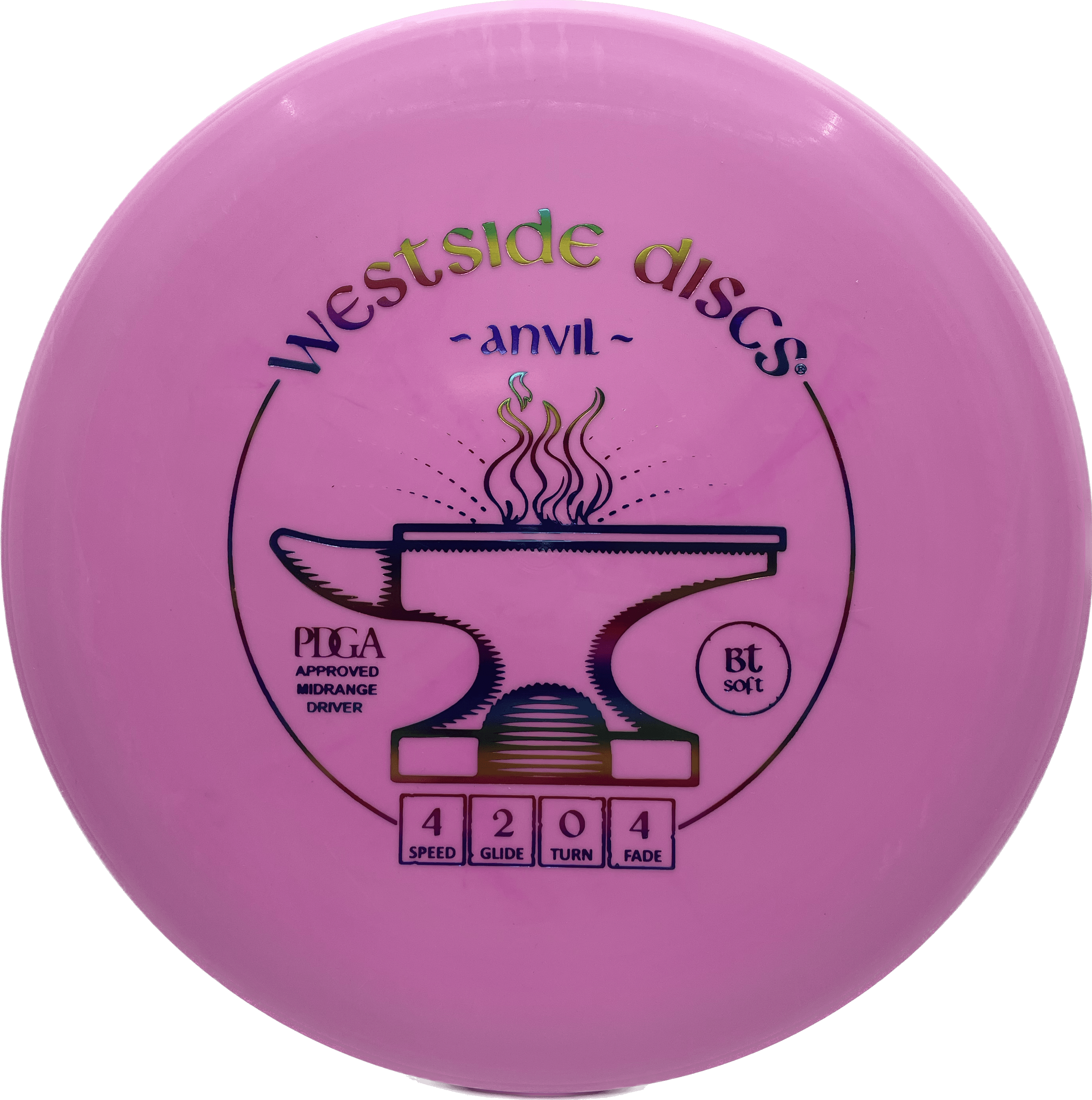 Overthrow Disc Golf Disc Westside Anvil, BT Soft, 171-176, Pink, Rainbow Metallic