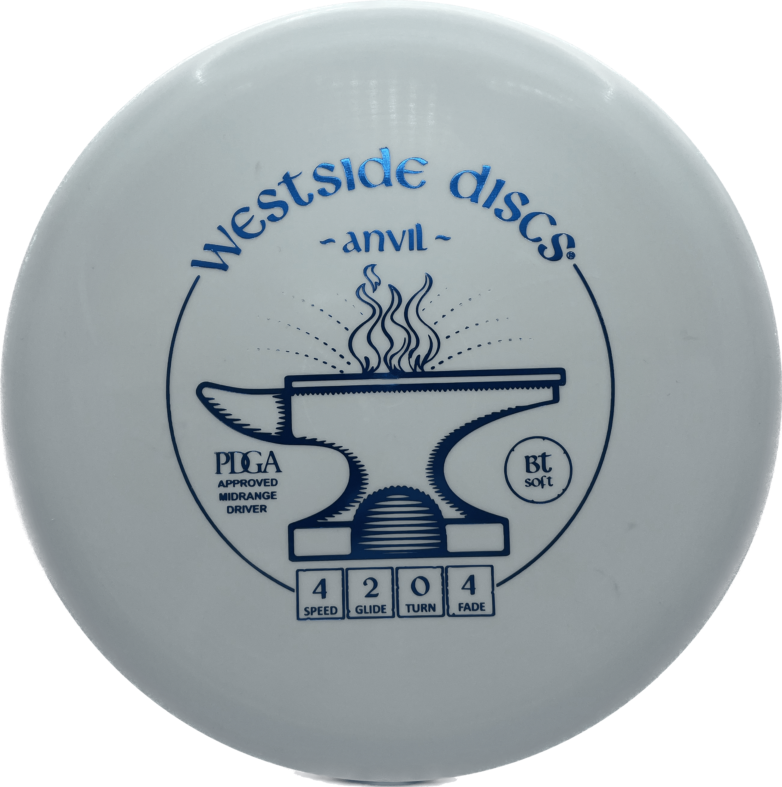 Overthrow Disc Golf Disc Westside Anvil, BT Soft, 171-176, White, Blue Metallic