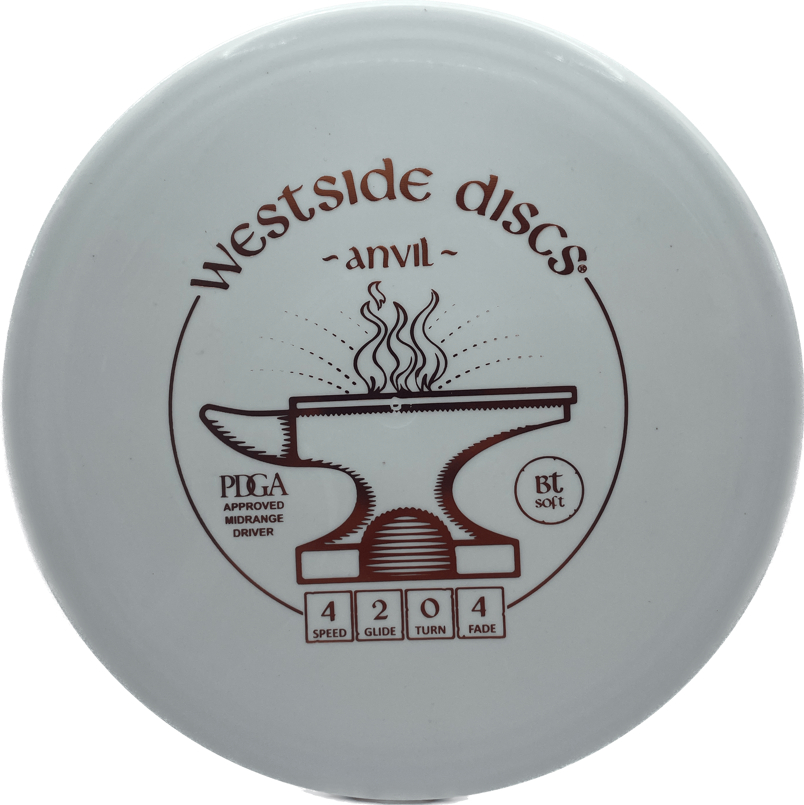 Overthrow Disc Golf Disc Westside Anvil, BT Soft, 171-176, White, Copper Metallic