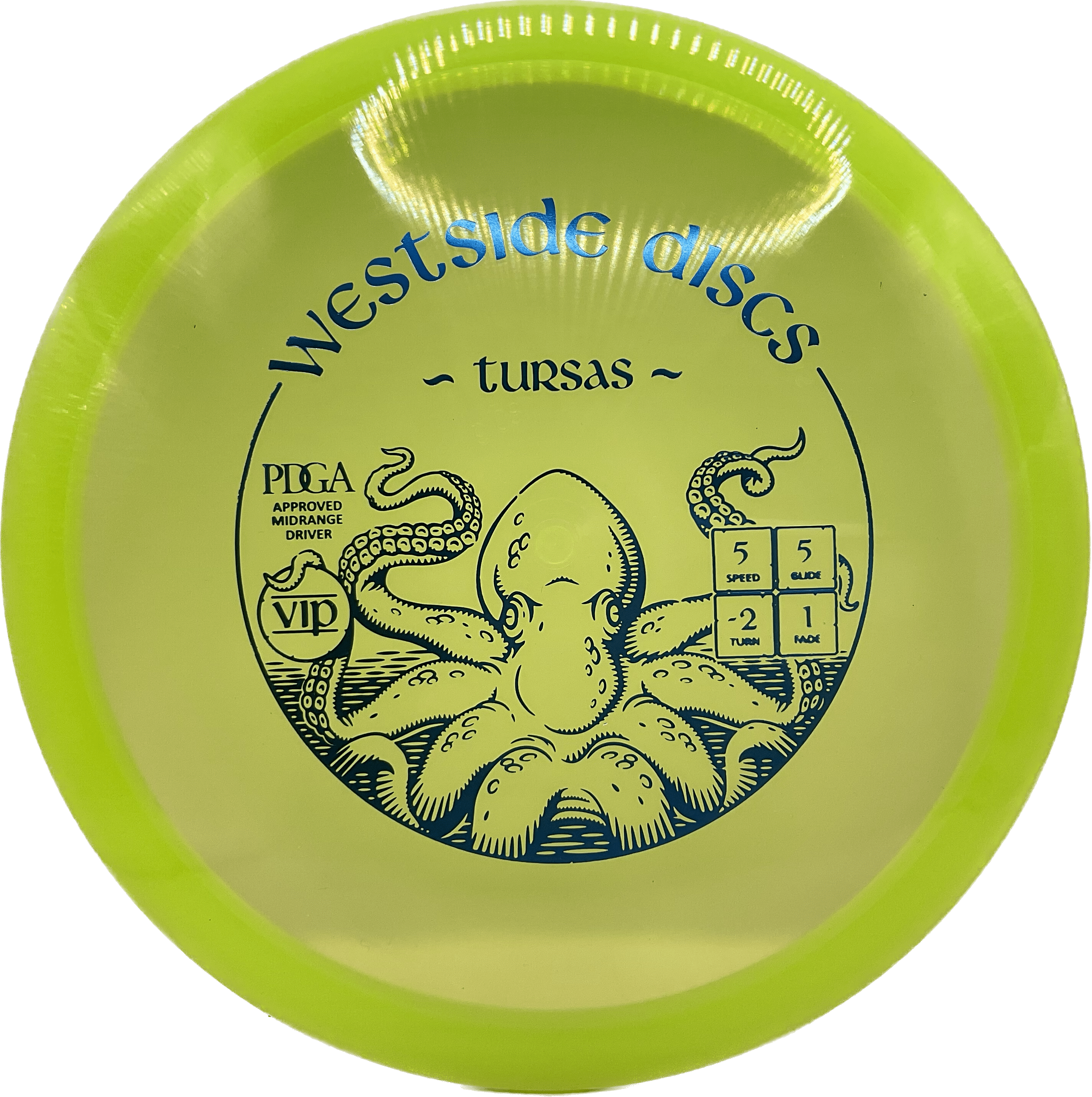 Overthrow Disc Golf Disc VIP - 180 - Lemon-Lime Green - Blue Metallic Westside Tursas