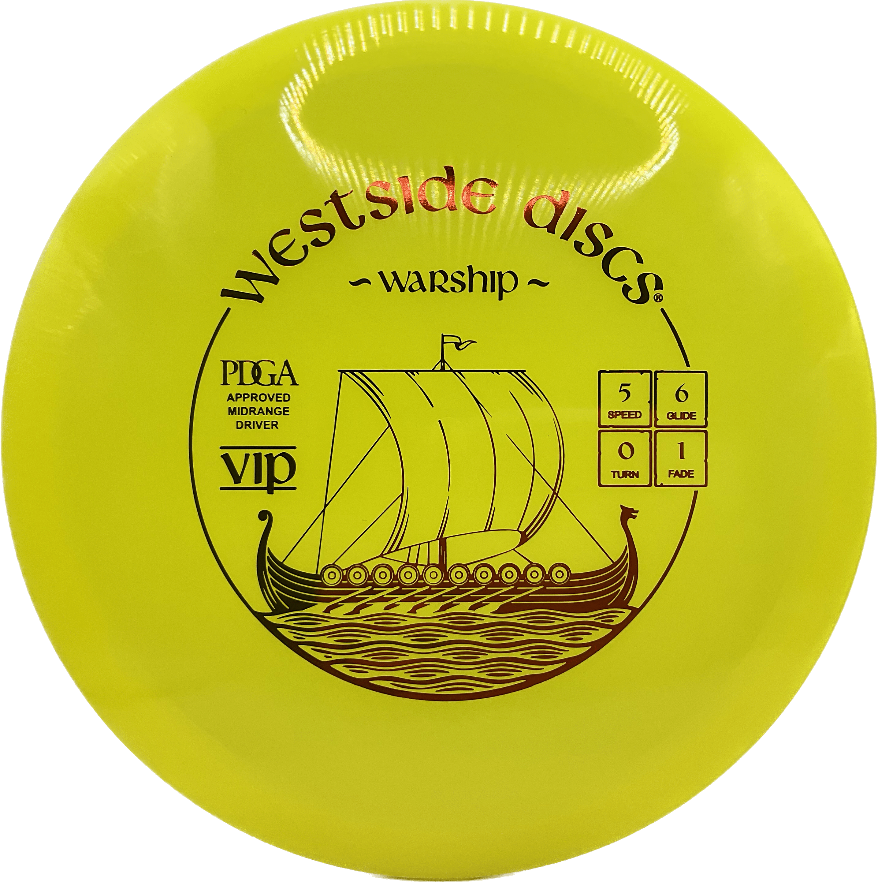 Overthrow Disc Golf Disc Westside Warship, VIP, 176+, Yellow, Red Metallic