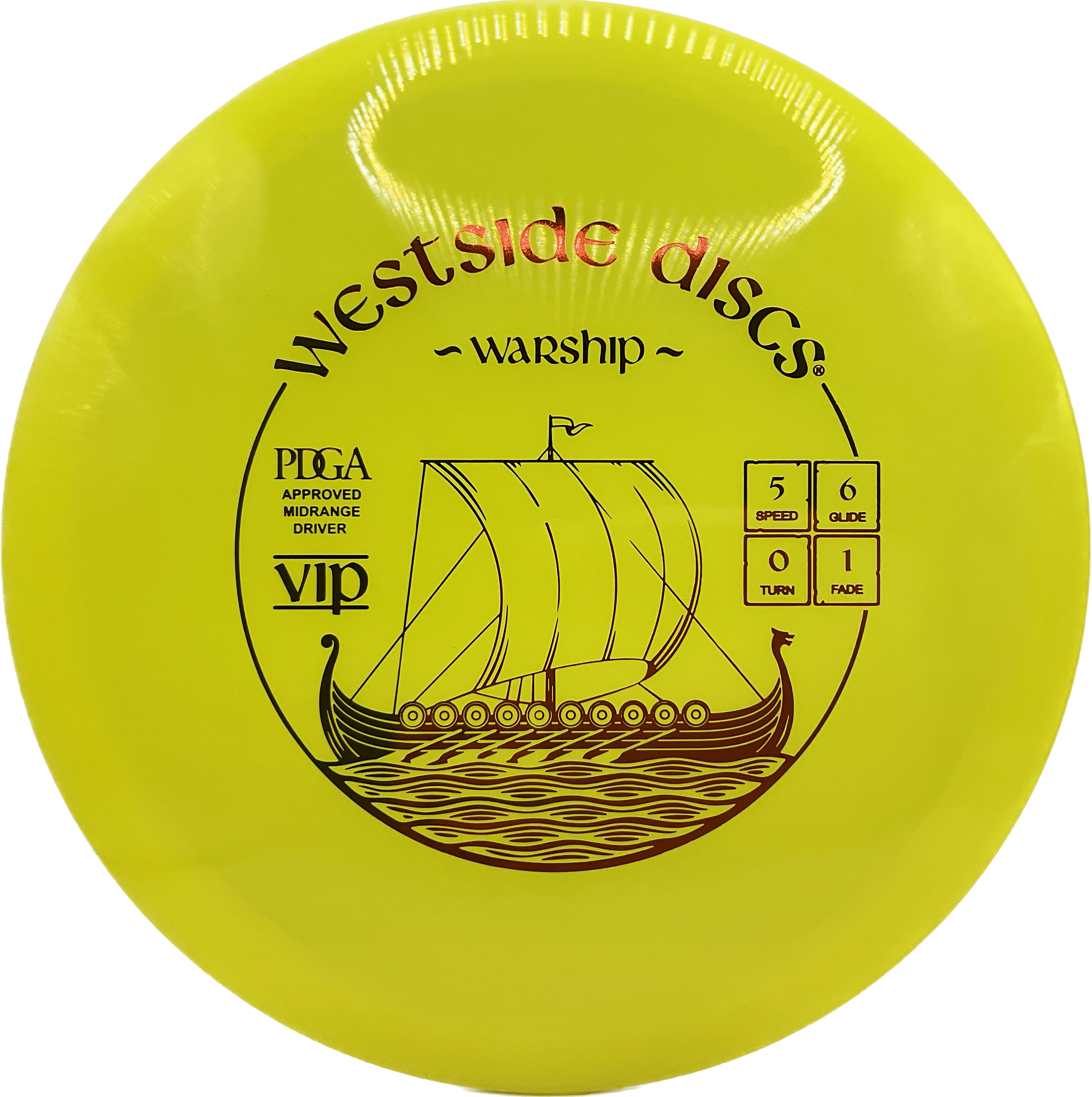 Overthrow Disc Golf Disc VIP - 177 - Yellow - Red Metallic Westside Warship